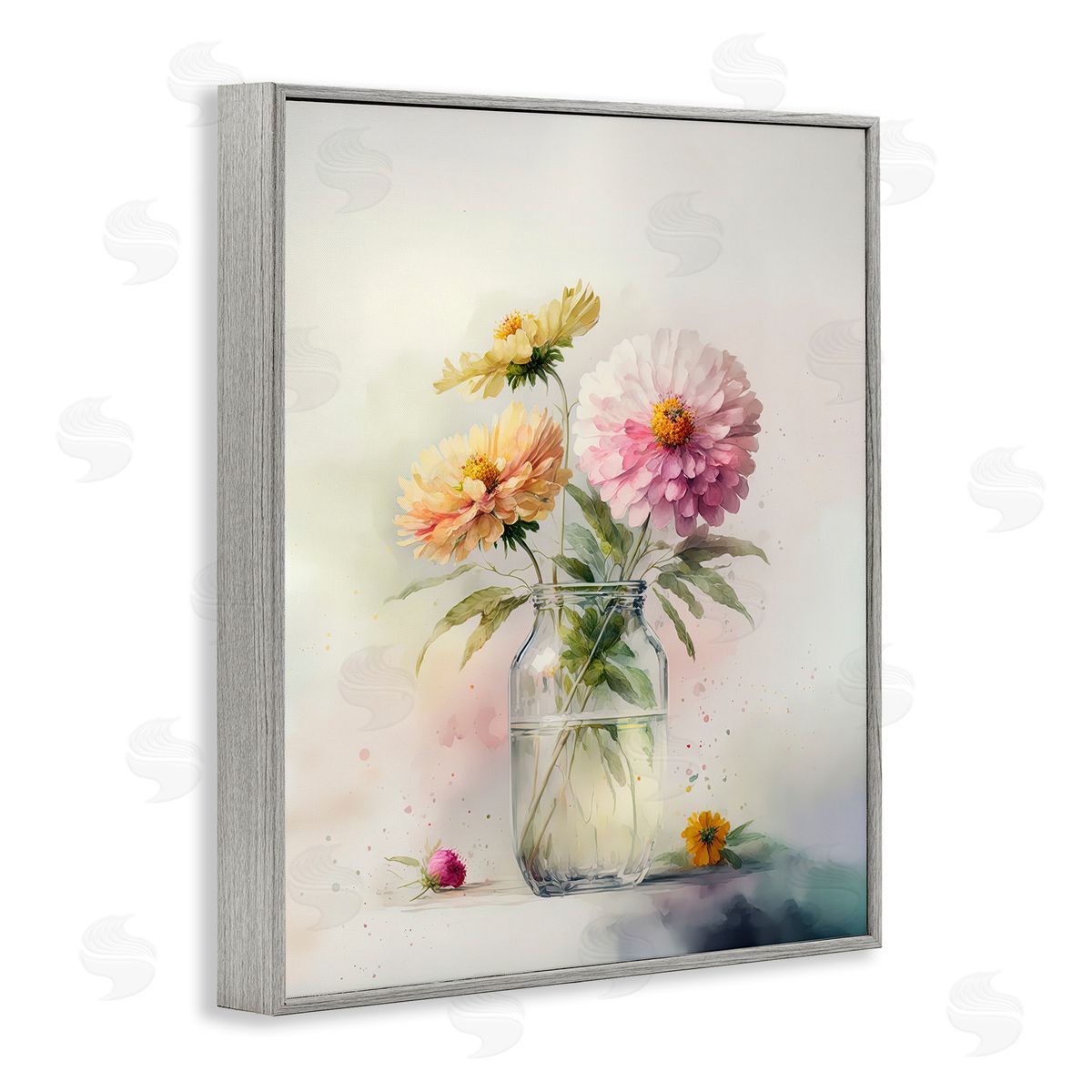 Leah McLean Pink & Yellow Dahlias Gray Framed Giclee Wall Artside_