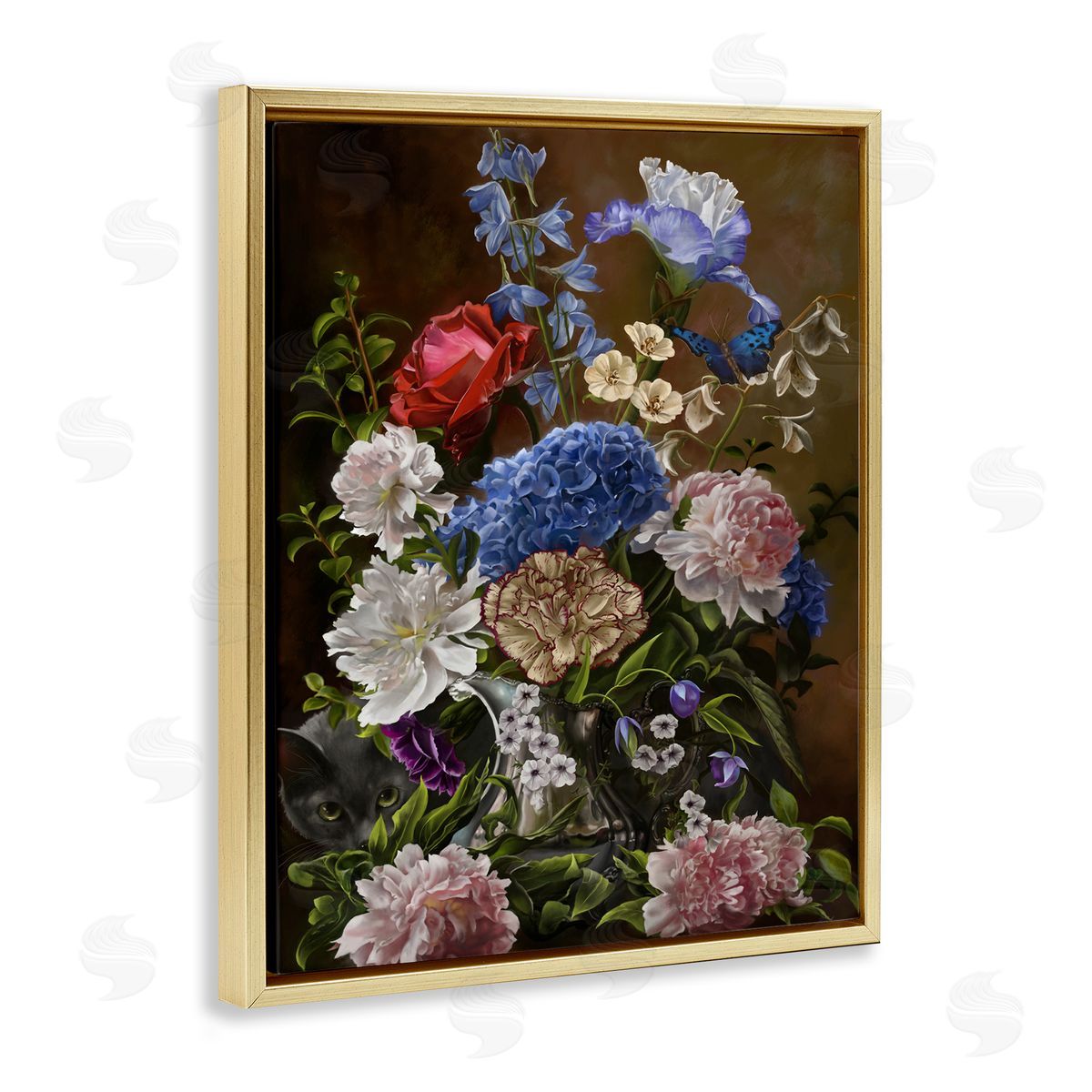 Nene Thomas Vintage Flowers & Cat Gold Floater Frame Canvas Artside_