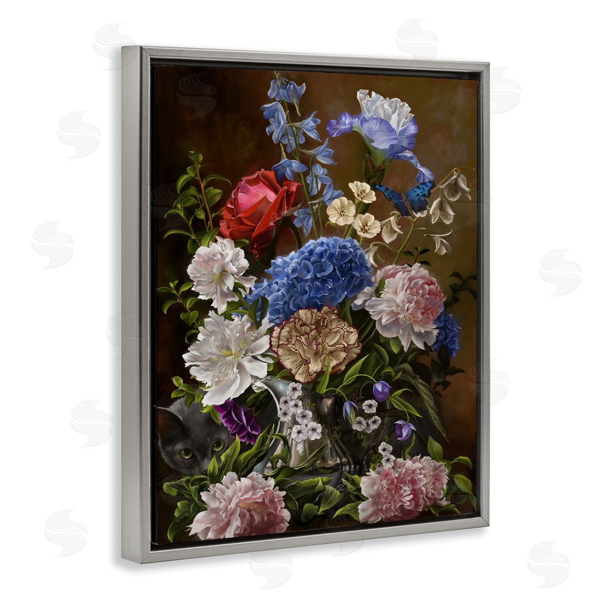 Nene Thomas Vintage Flowers & Cat Gray Floater Frame Canvas Artside_