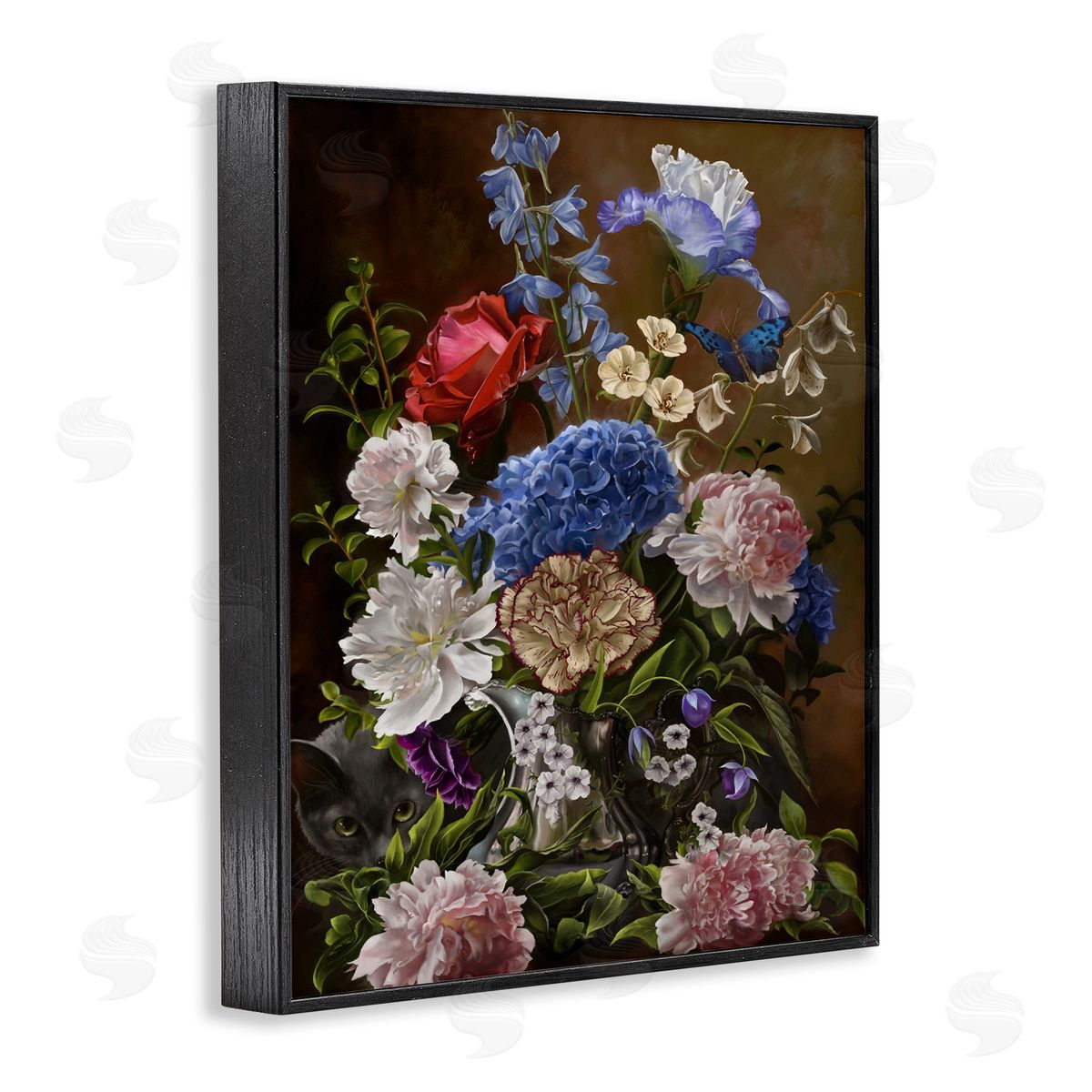 Nene Thomas Vintage Flowers & Cat Black Framed Giclee Wall Artside_