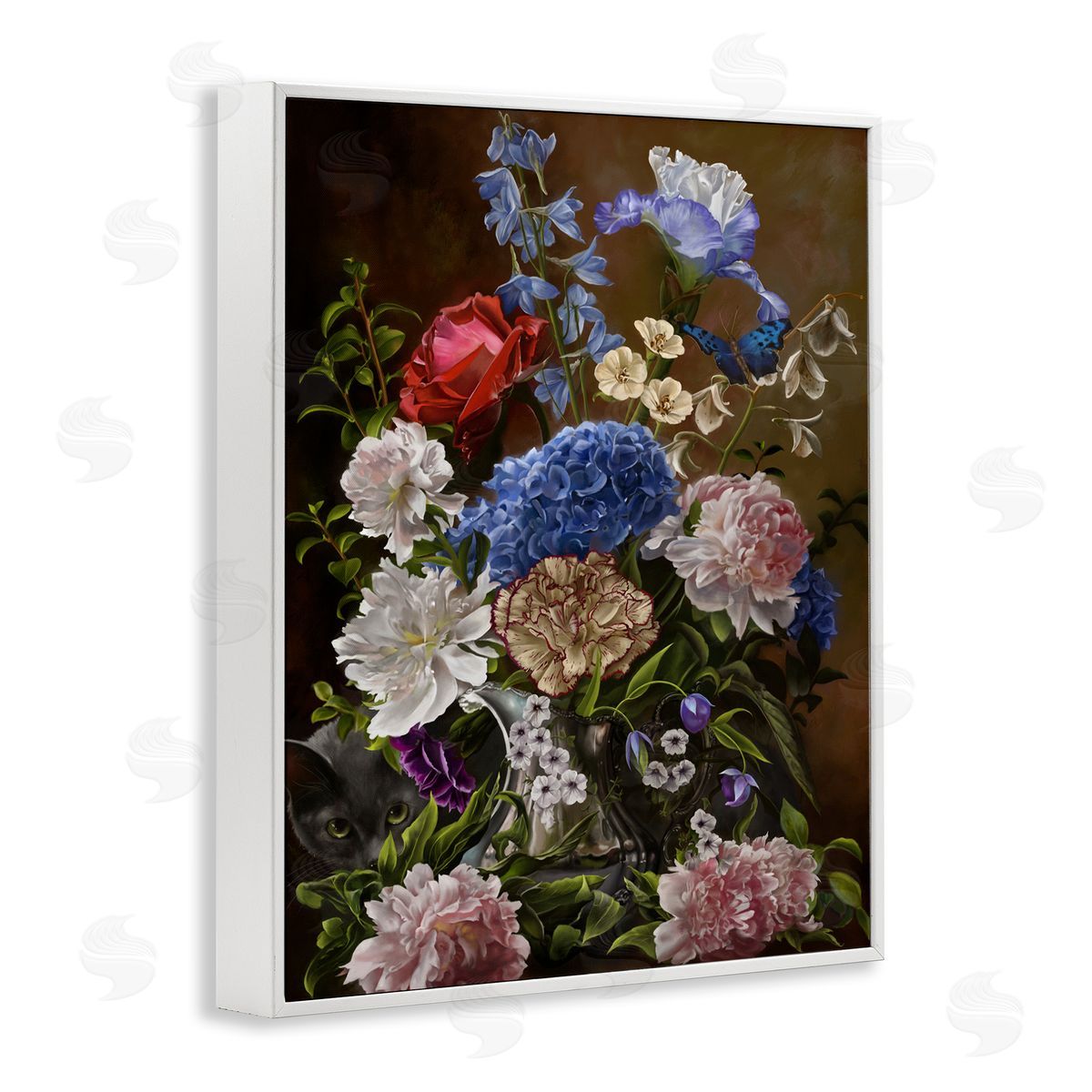 Nene Thomas Vintage Flowers & Cat White Framed Giclee Wall Artside_