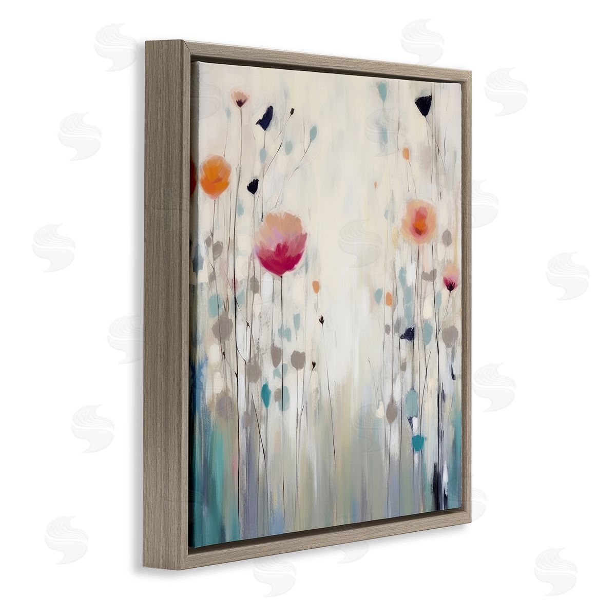 Pastel Poppies Painting Brown Floating Frame Canvas Wall Art, Home Decor by Irena Orlov