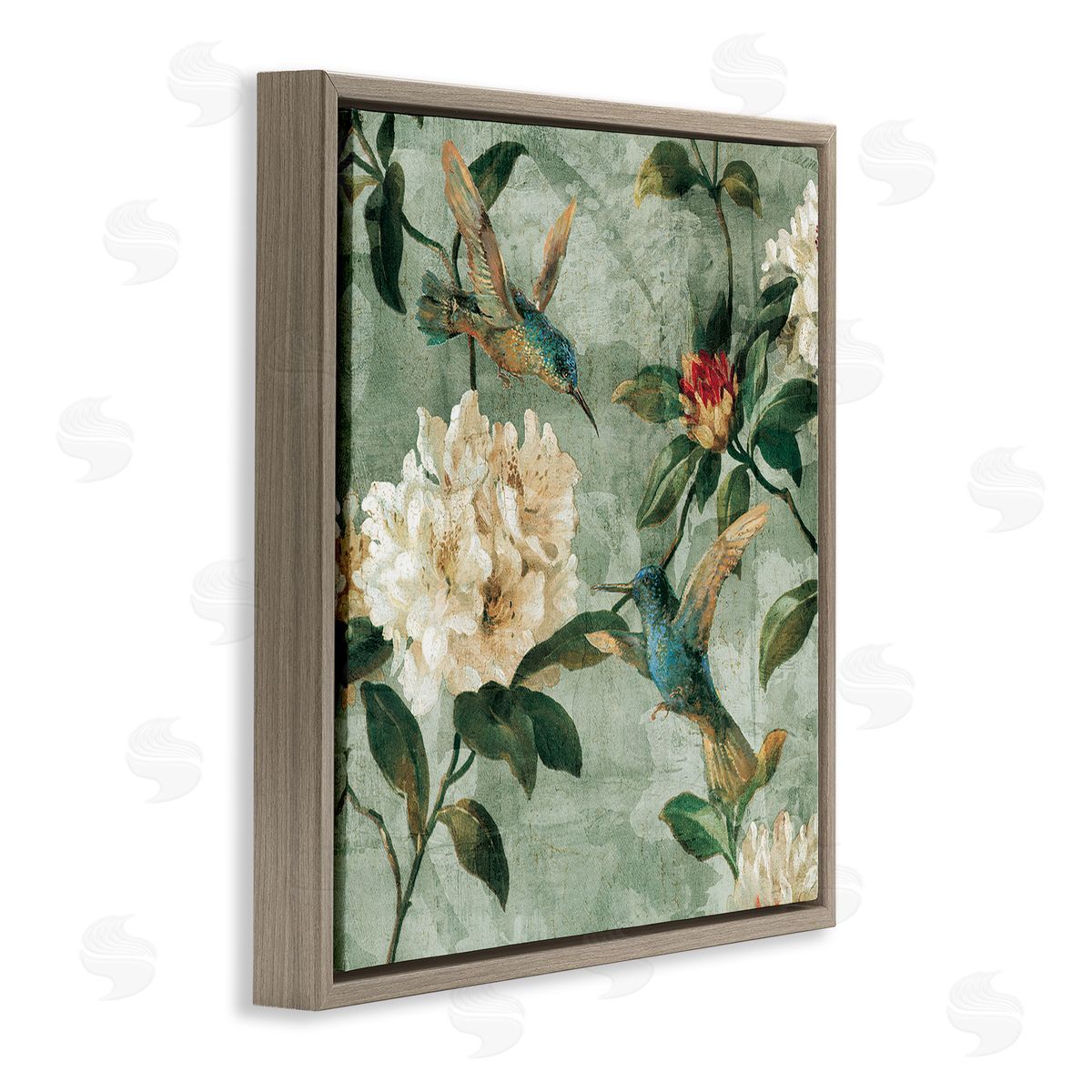 Reneé Campbell Vintage Hummingbird & Flowers Brown Floater Frame Canvas Artside_