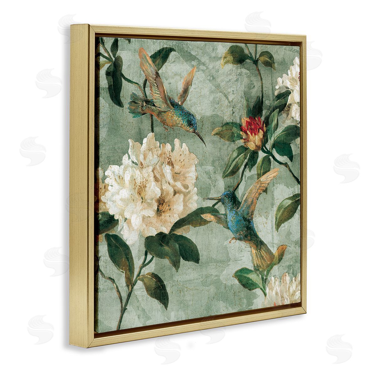 Reneé Campbell Vintage Hummingbird & Flowers Gold Floater Frame Canvas Artside_