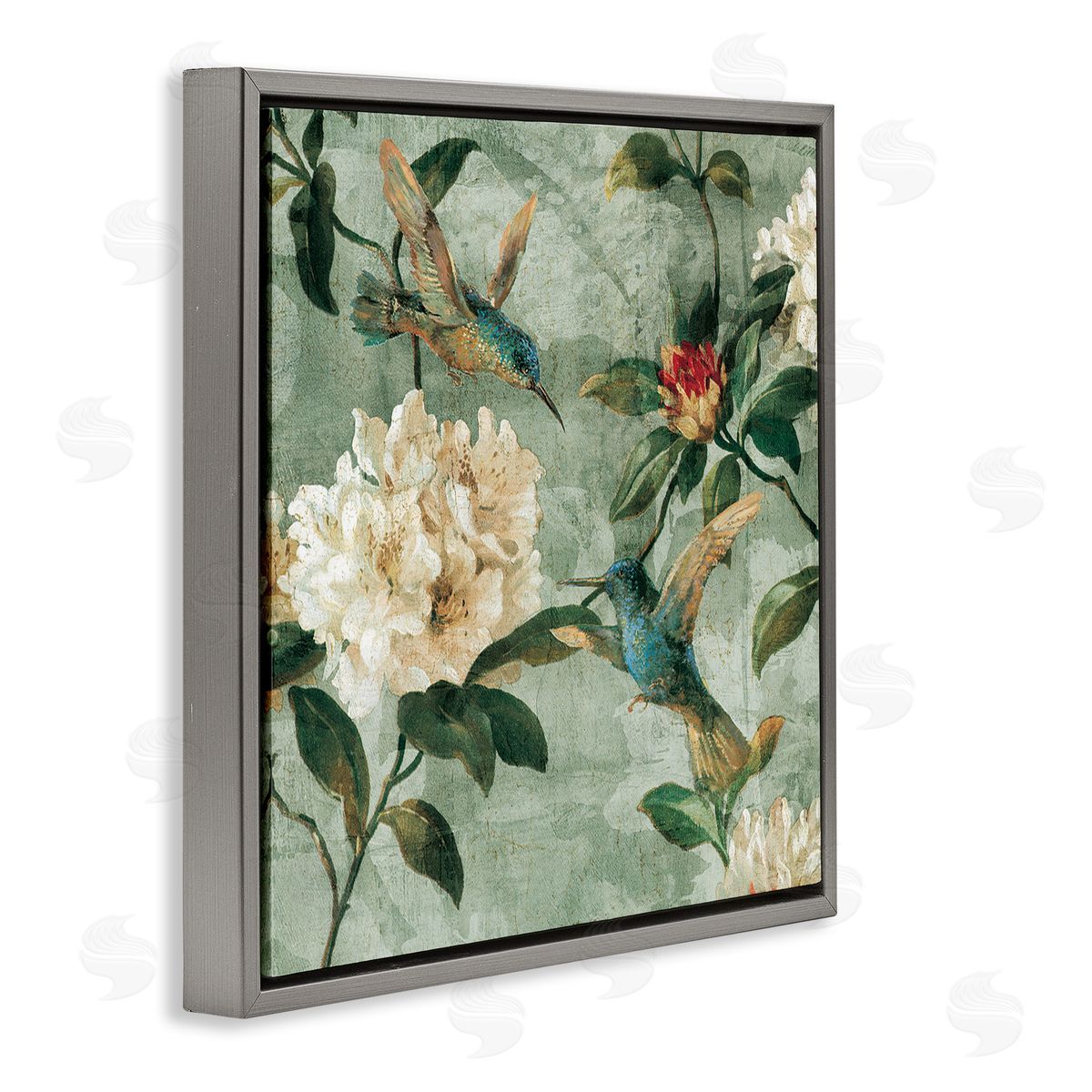 Reneé Campbell Vintage Hummingbird & Flowers Gray Floater Frame Canvas Artside_