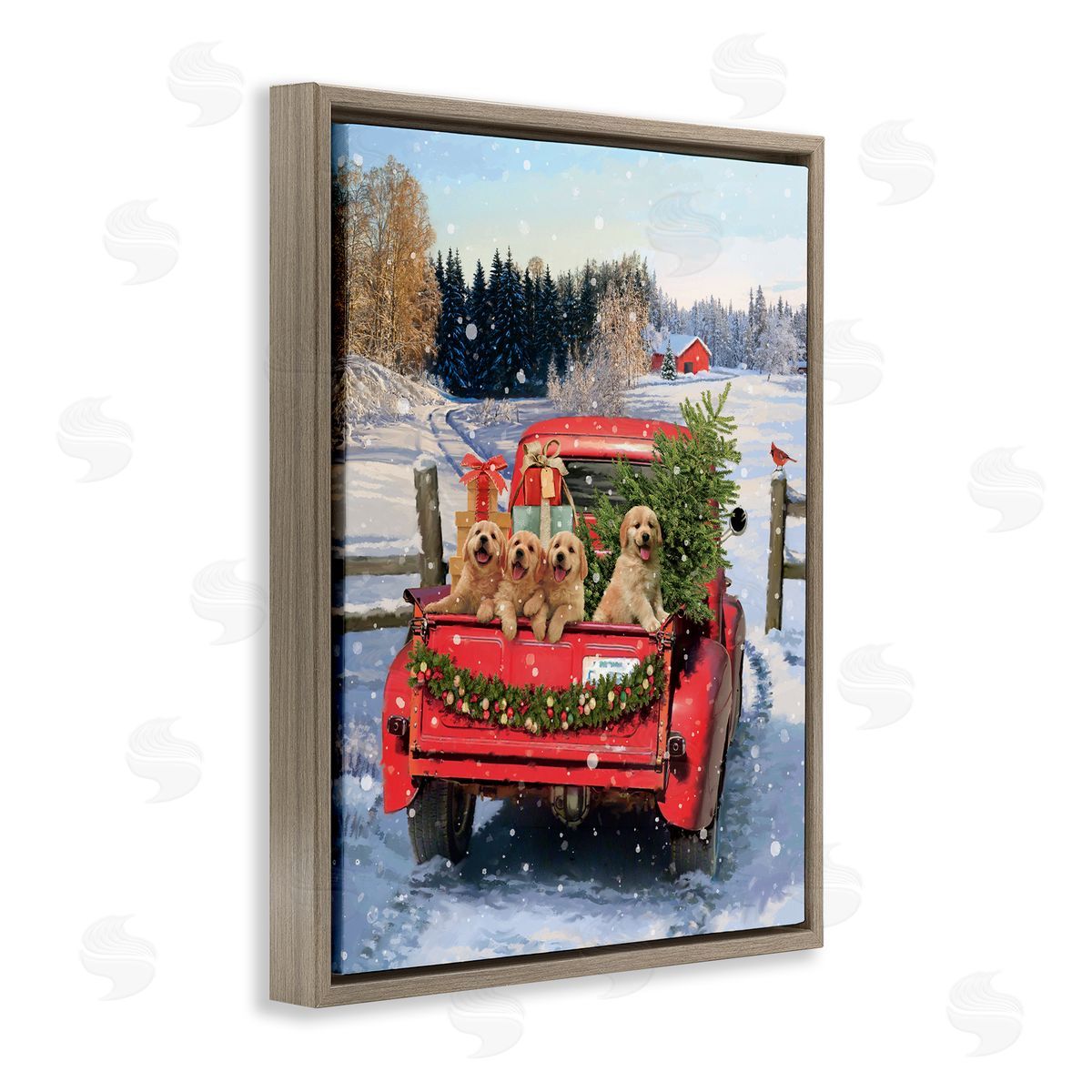 Jason Kirk Puppies in Holiday Truck Brown Floater Frame Canvas Artside_