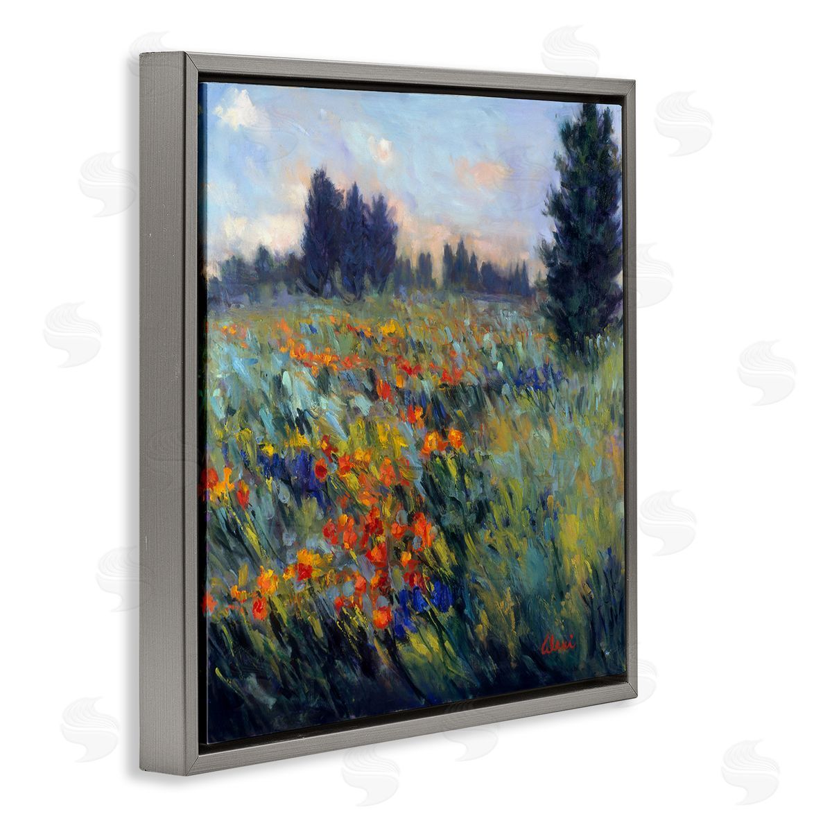 Flower Meadow Landscape Grey Floating Frame Canvas Wall Art, Home Decor by Alexi Fine