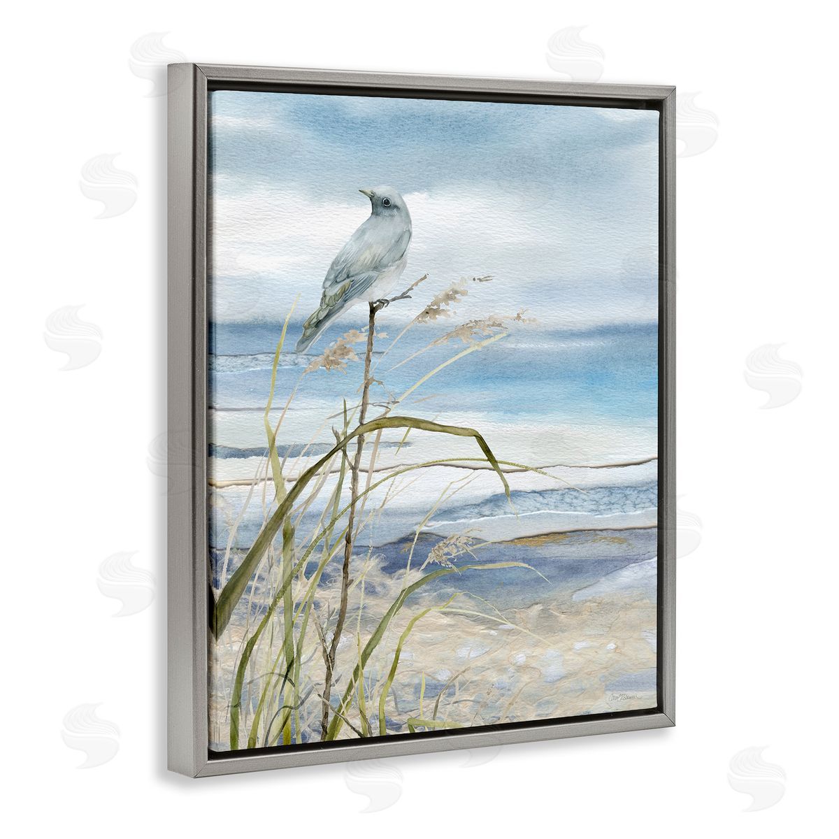 Bird on Beach Shore Grey Floating Frame Canvas Wall Art, Home Decor by Carol Robinson