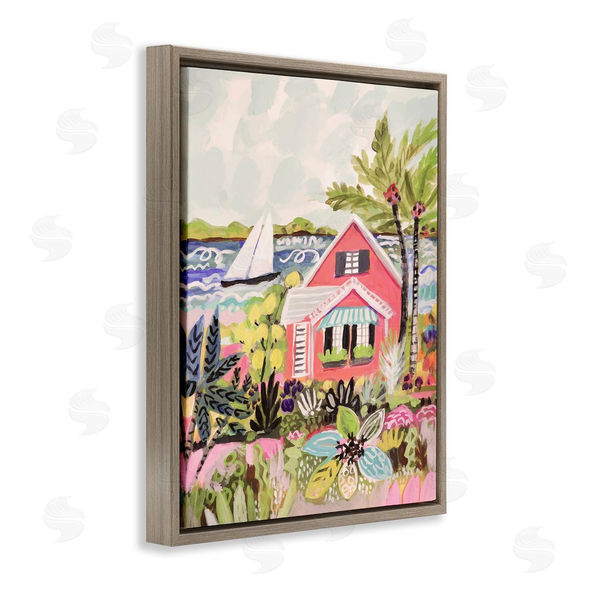 Karen Fields Tropical Cottage Scenery Brown Floater Frame Canvas Artside_