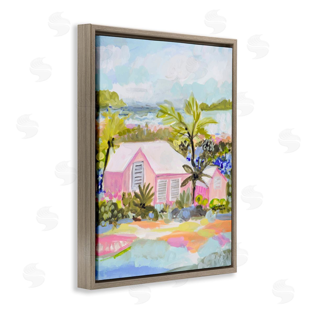 Karen Fields Pink Tropical Cottage Brown Floater Frame Canvas Artside_