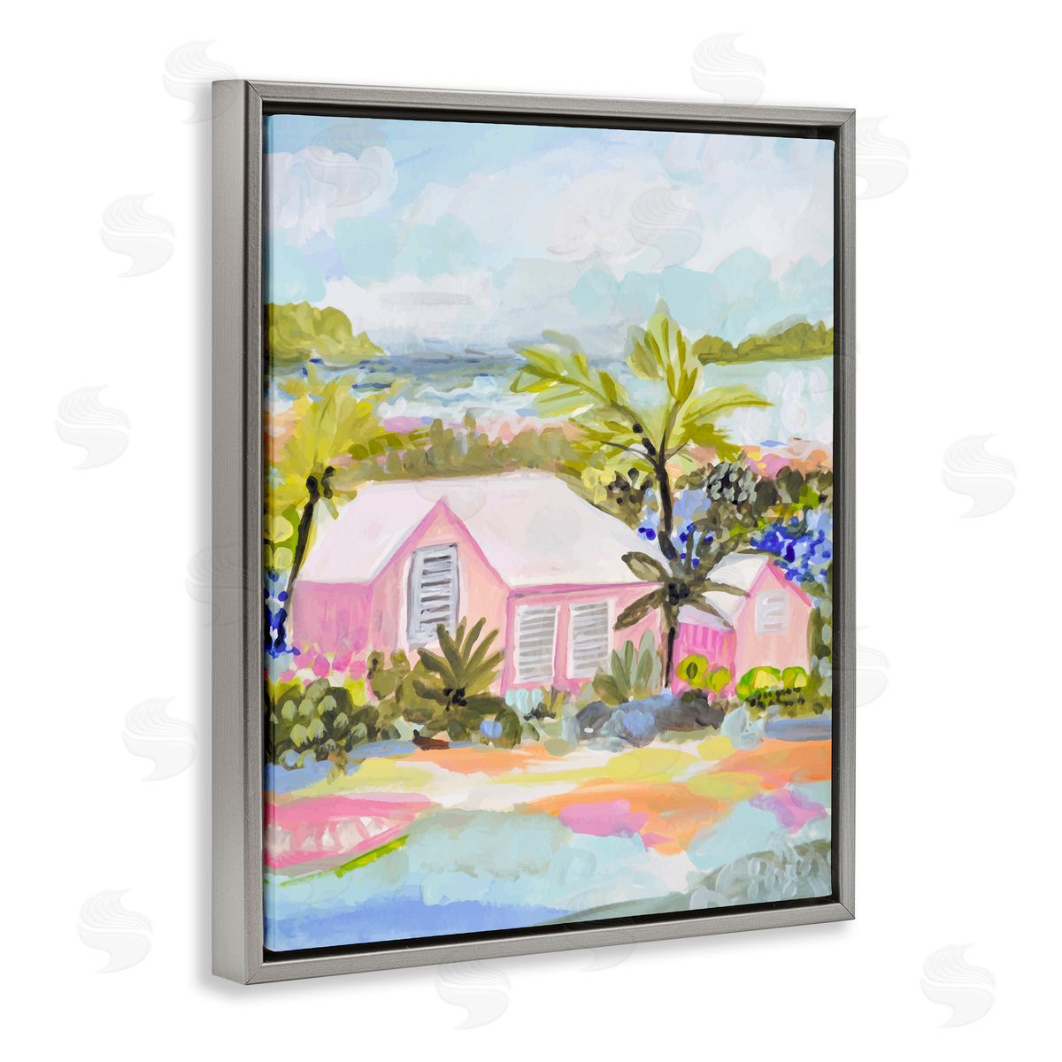 Karen Fields Pink Tropical Cottage Gray Floater Frame Canvas Artside_