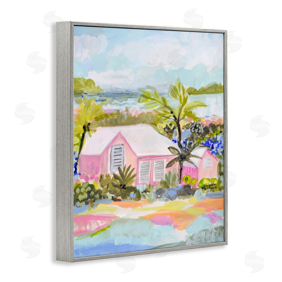 Karen Fields Pink Tropical Cottage Gray Framed Giclee Wall Artside_