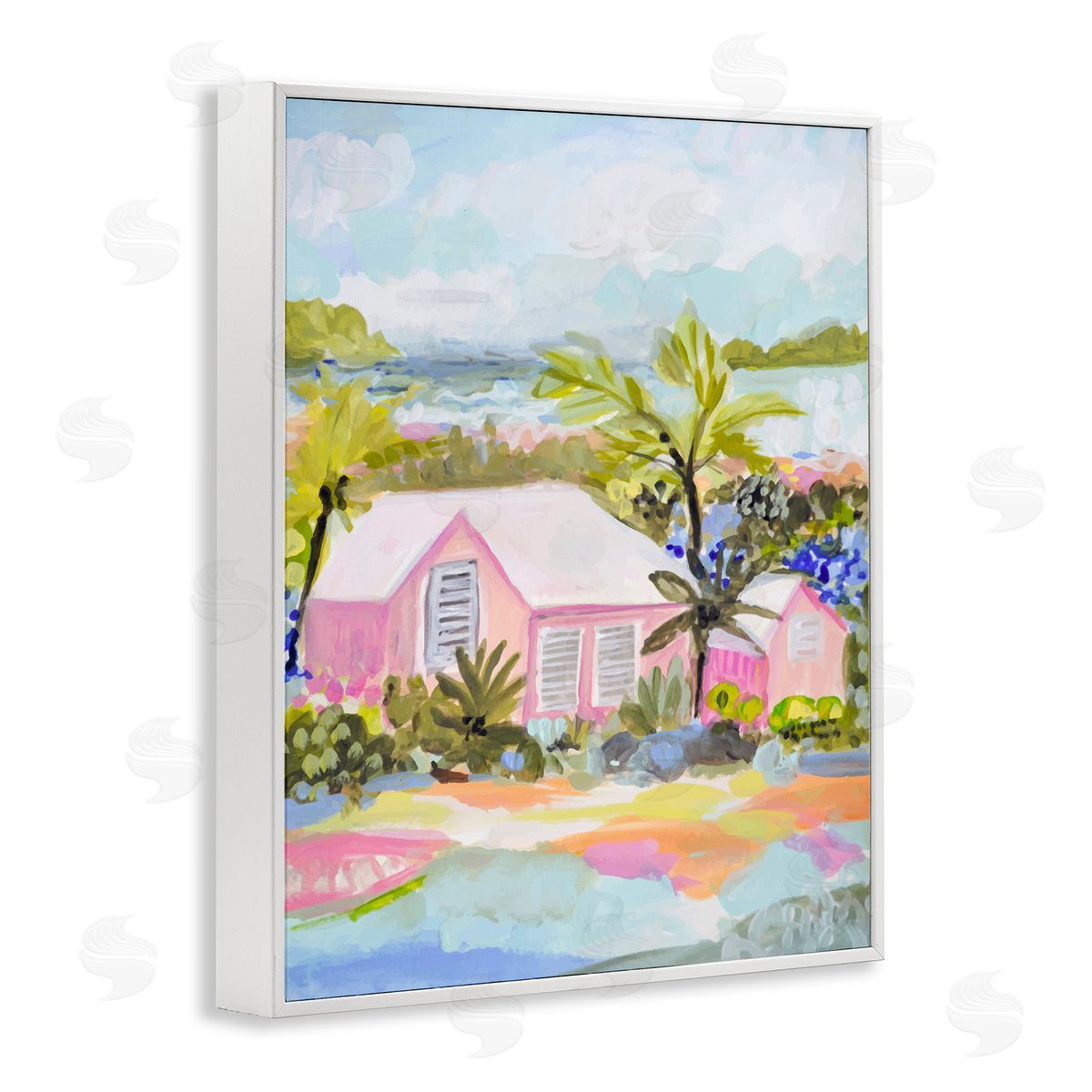 Karen Fields Pink Tropical Cottage White Framed Giclee Wall Artside_