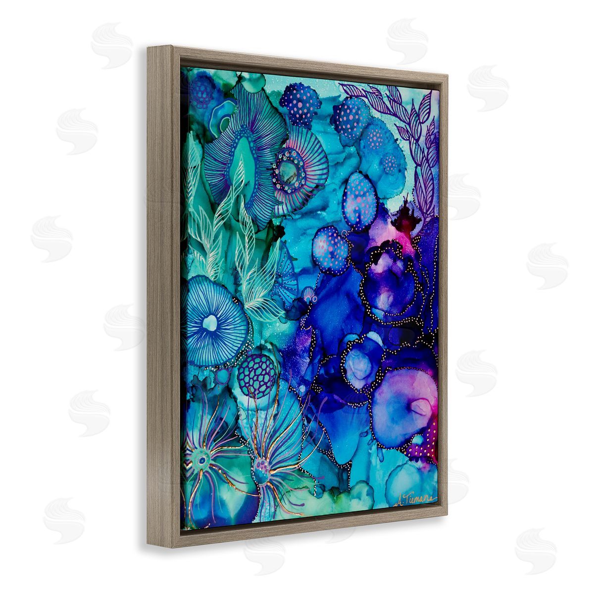 Amy Tieman Blue Modern Sea Life Brown Floater Frame Canvas Artside_