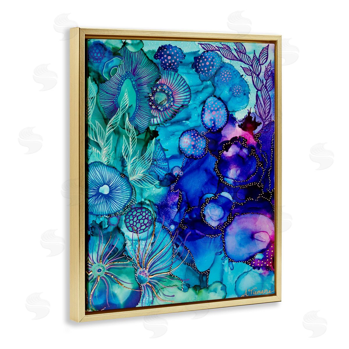 Amy Tieman Blue Modern Sea Life Gold Floater Frame Canvas Artside_