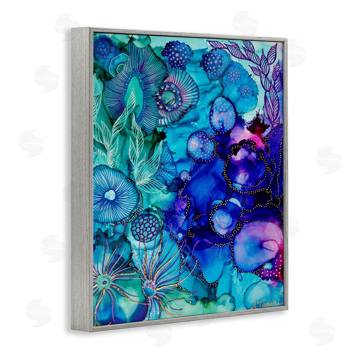 Amy Tieman Blue Modern Sea Life Gray Framed Giclee Wall Artside_