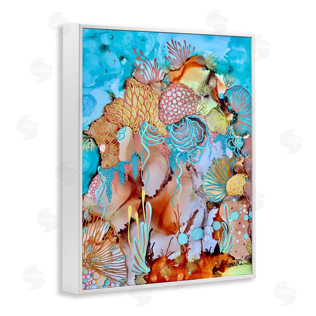 Amy Tieman Abstract Coral Reef Pattern White Framed Giclee Wall Artside_