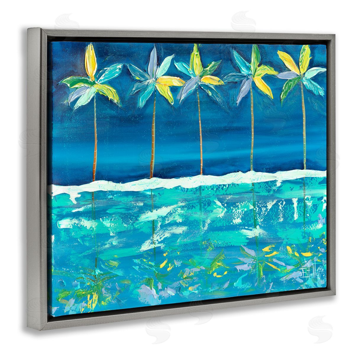 Estelle Grengs Blue Abstract Palms Gray Floater Frame Canvas Artside_