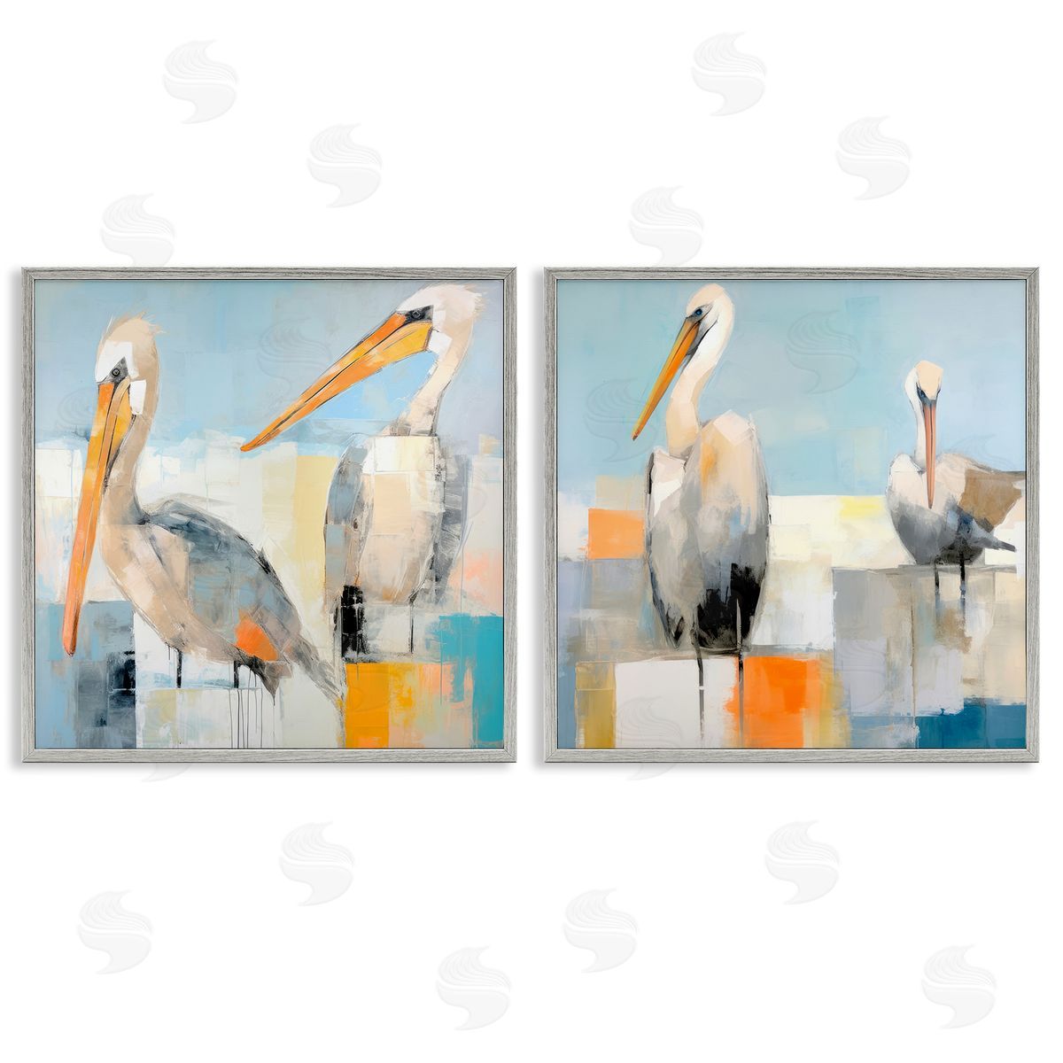 Irena Orlov Abstract Color Block Pelican Pair Gray Framed Giclee Wall Art Print