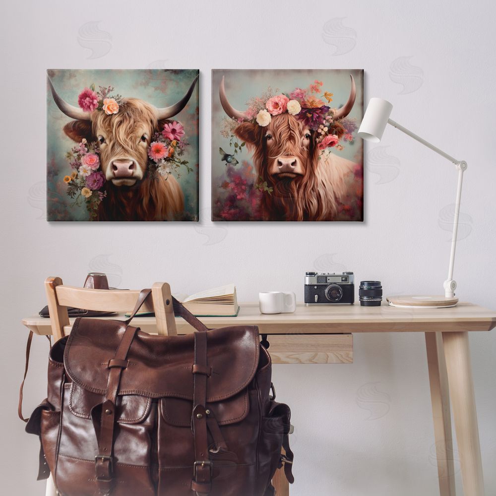Irena Orlov Highland Cow Field Flower Crown Canvas Wall Art Print in Room