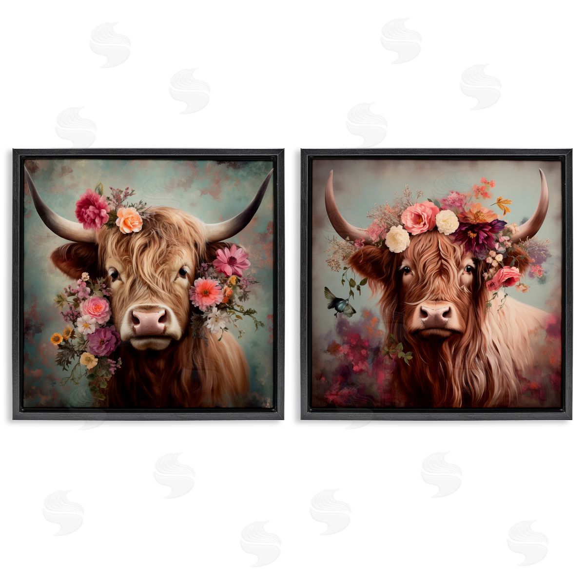 Irena Orlov Highland Cow Field Flower Crown Black Floating Frame Canvas Wall Art Print