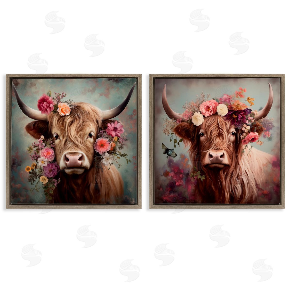 Irena Orlov Highland Cow Field Flower Crown Brown Floating Frame Canvas Wall Art Print