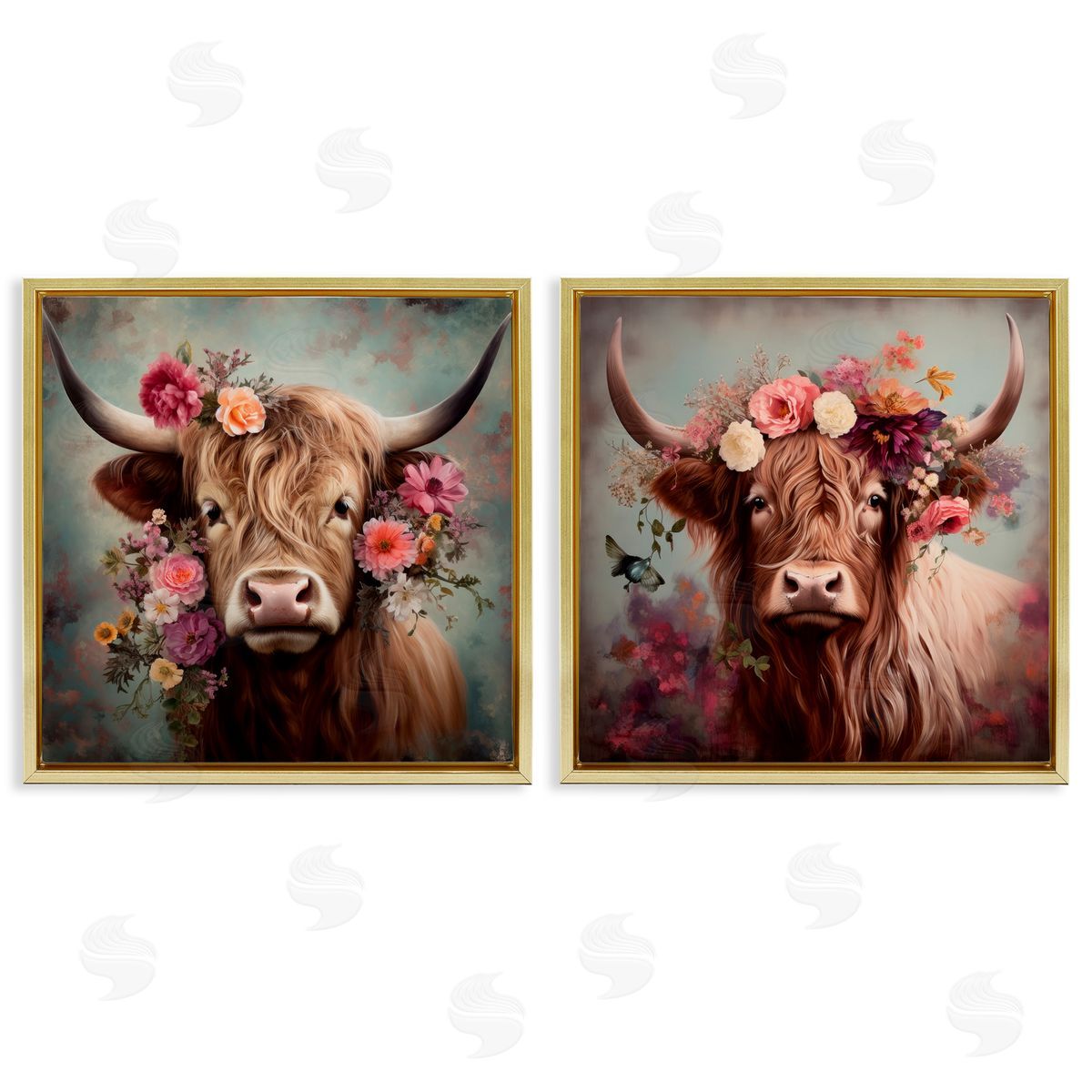 Irena Orlov Highland Cow Field Flower Crown Gold Floating Frame Canvas Wall Art Print