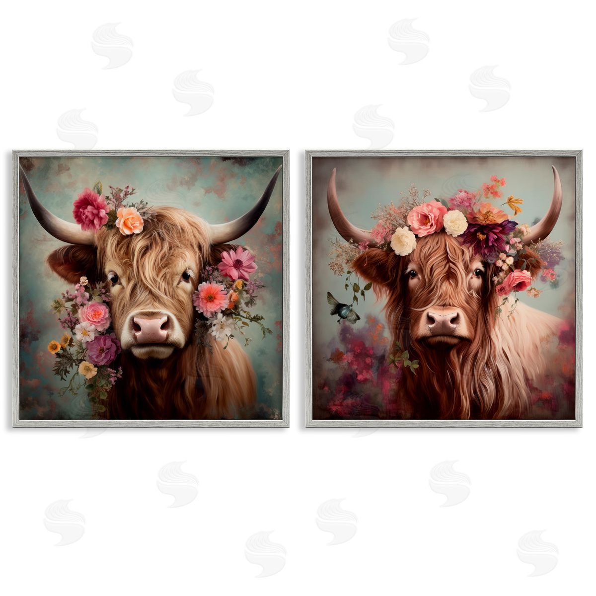 Irena Orlov Highland Cow Field Flower Crown Gray Framed Giclee Wall Art Print