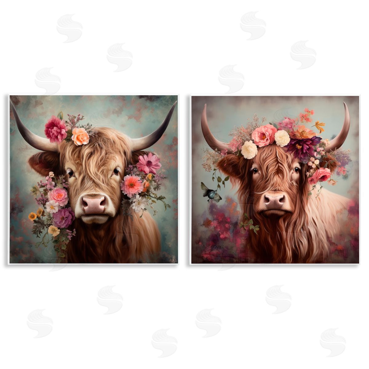 Irena Orlov Highland Cow Field Flower Crown Wooden Wall Plaque Art Print