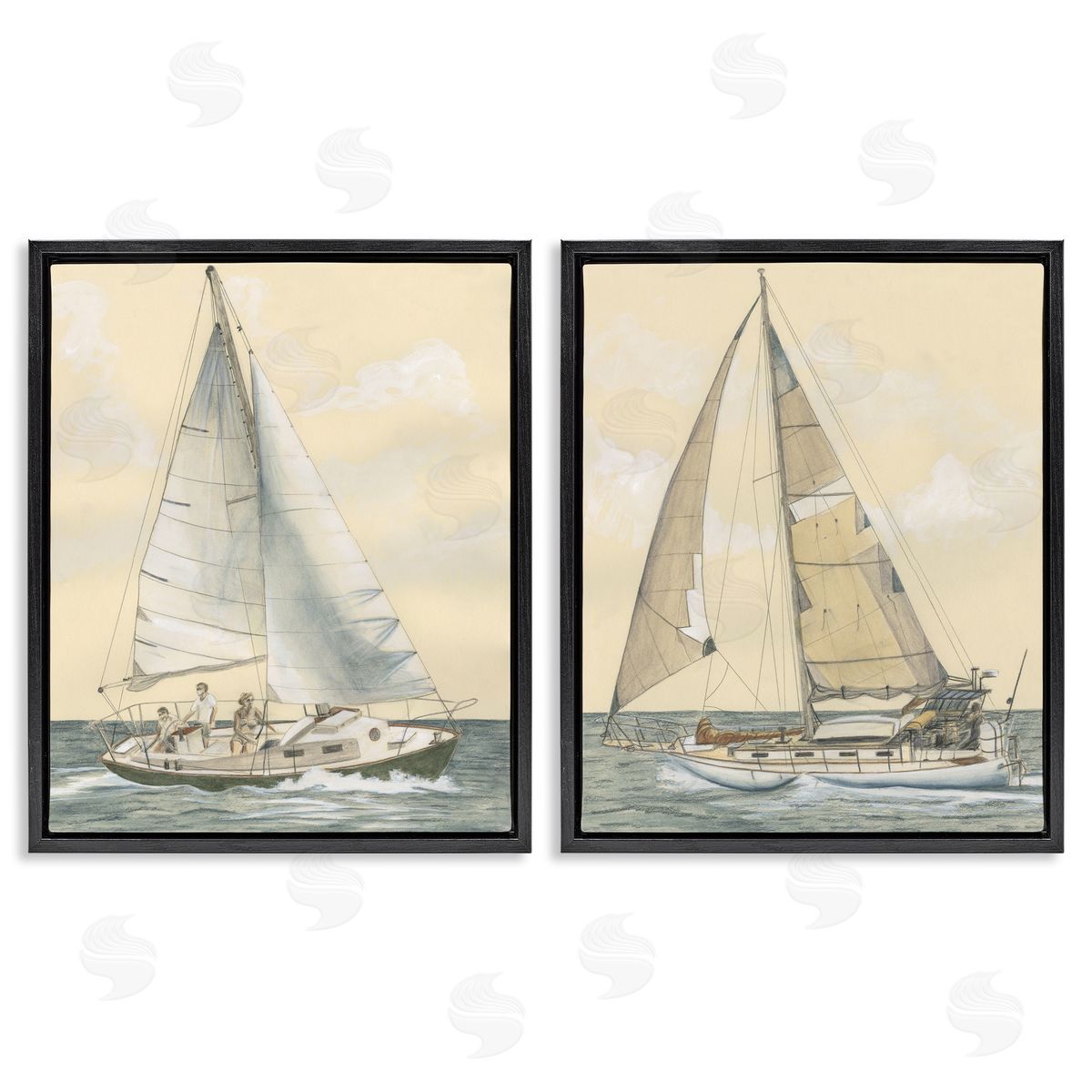Michael Willett Sailboat Crew At Sea Black Floating Frame Canvas Wall Art Print