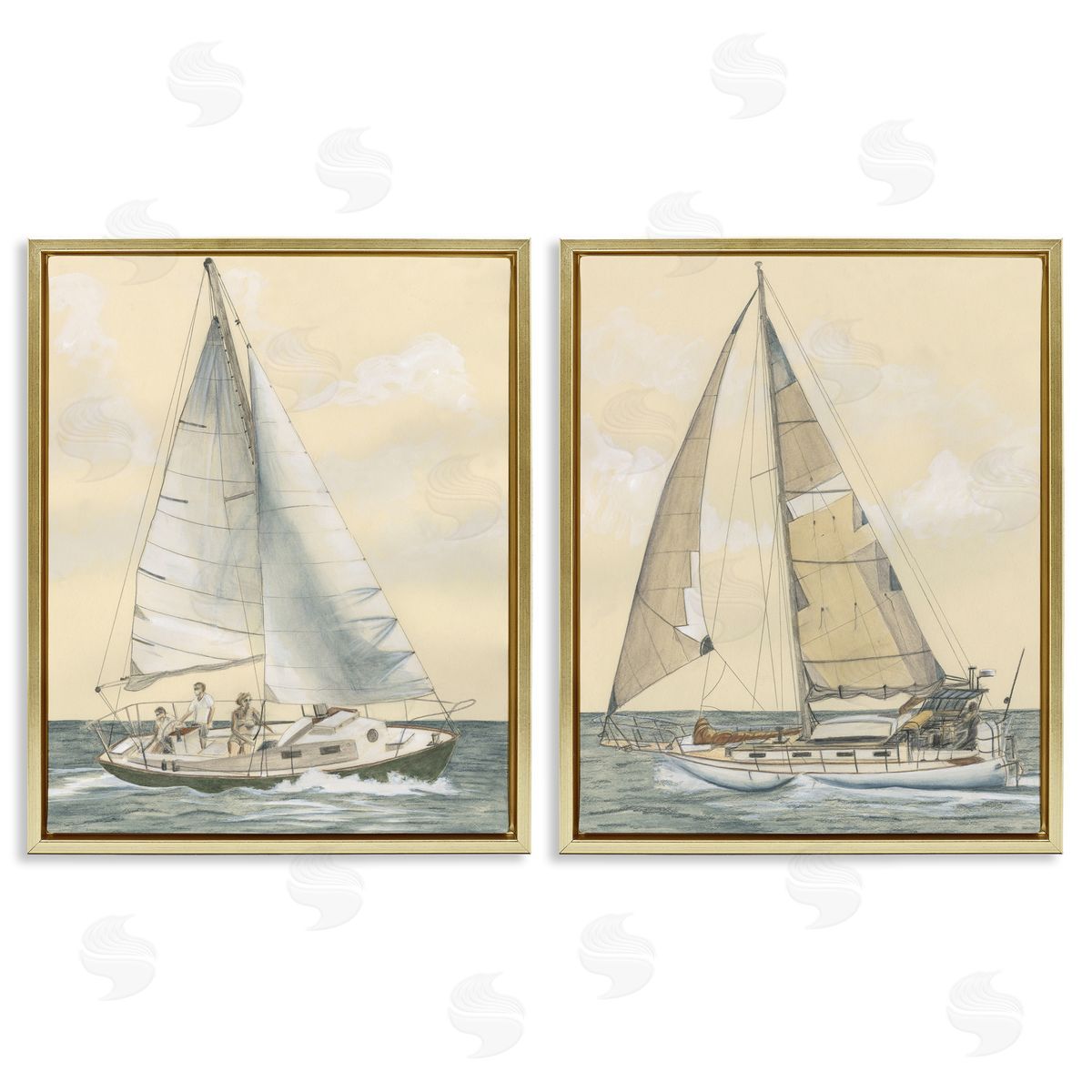 Michael Willett Sailboat Crew At Sea Gold Floating Frame Canvas Wall Art Print