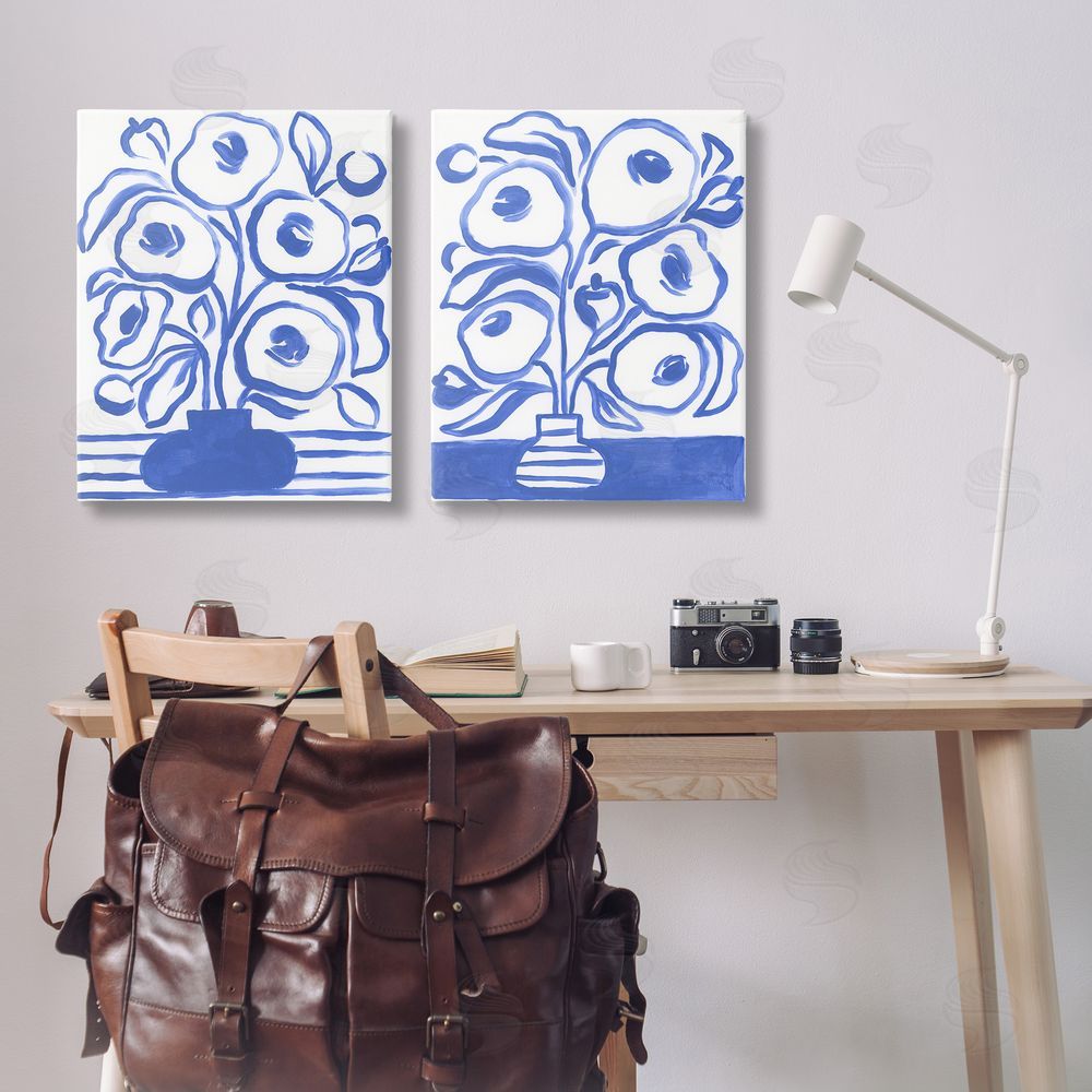 June Erica Vess Modern Blue Floral Vase Canvas Wall Art Print in Room