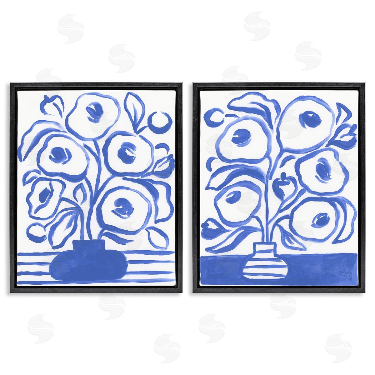 June Erica Vess Modern Blue Floral Vase Black Floating Frame Canvas Wall Art Print