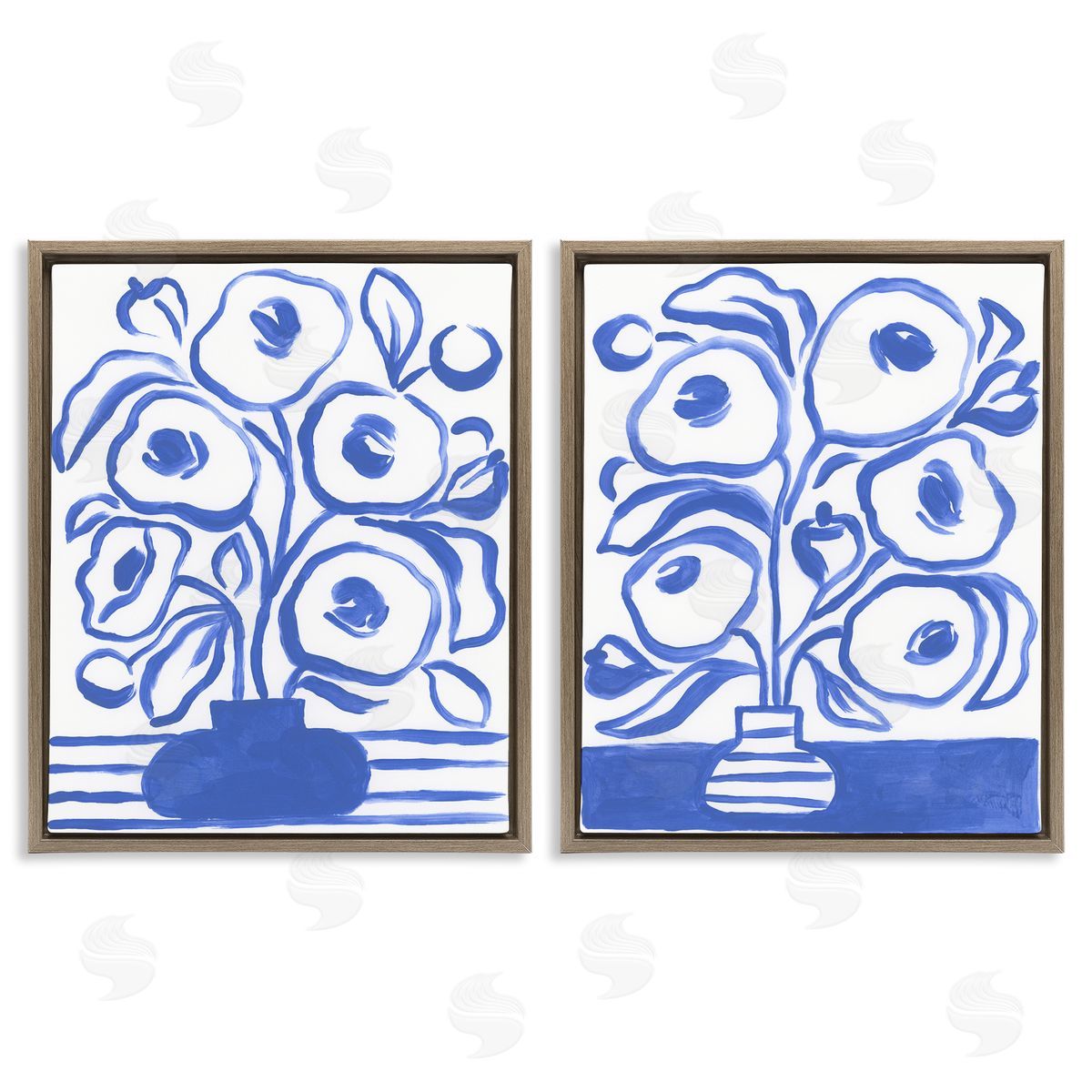 June Erica Vess Modern Blue Floral Vase Brown Floating Frame Canvas Wall Art Print