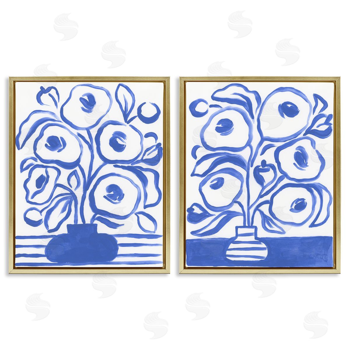 June Erica Vess Modern Blue Floral Vase Gold Floating Frame Canvas Wall Art Print