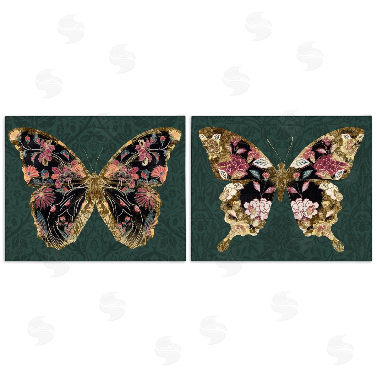 Victoria Barnes Gold Black Floral Butterfly Canvas Wall Art Print