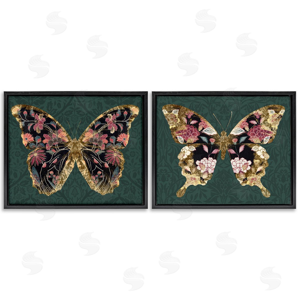 Victoria Barnes Gold Black Floral Butterfly Black Floating Frame Canvas Wall Art Print
