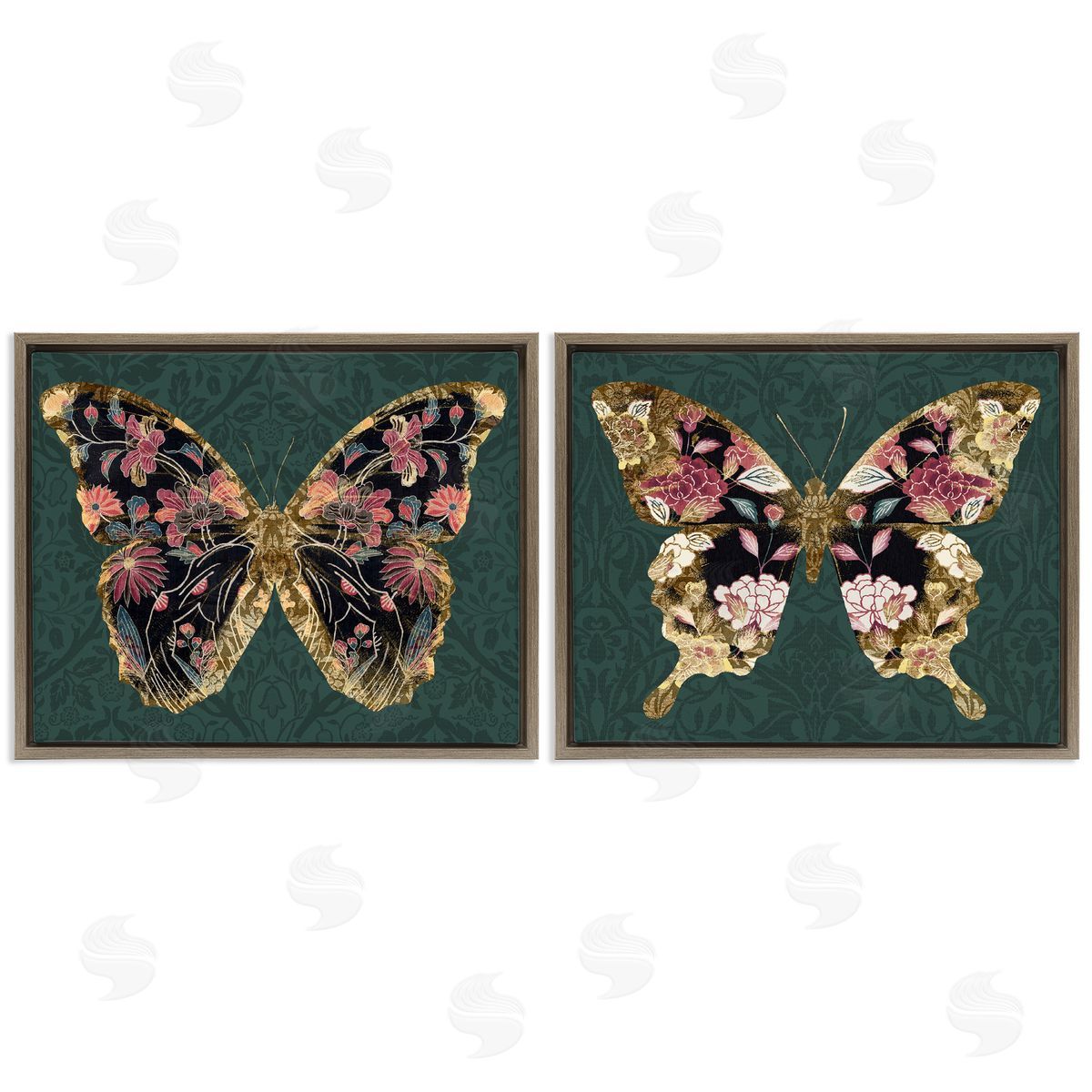 Victoria Barnes Gold Black Floral Butterfly Brown Floating Frame Canvas Wall Art Print
