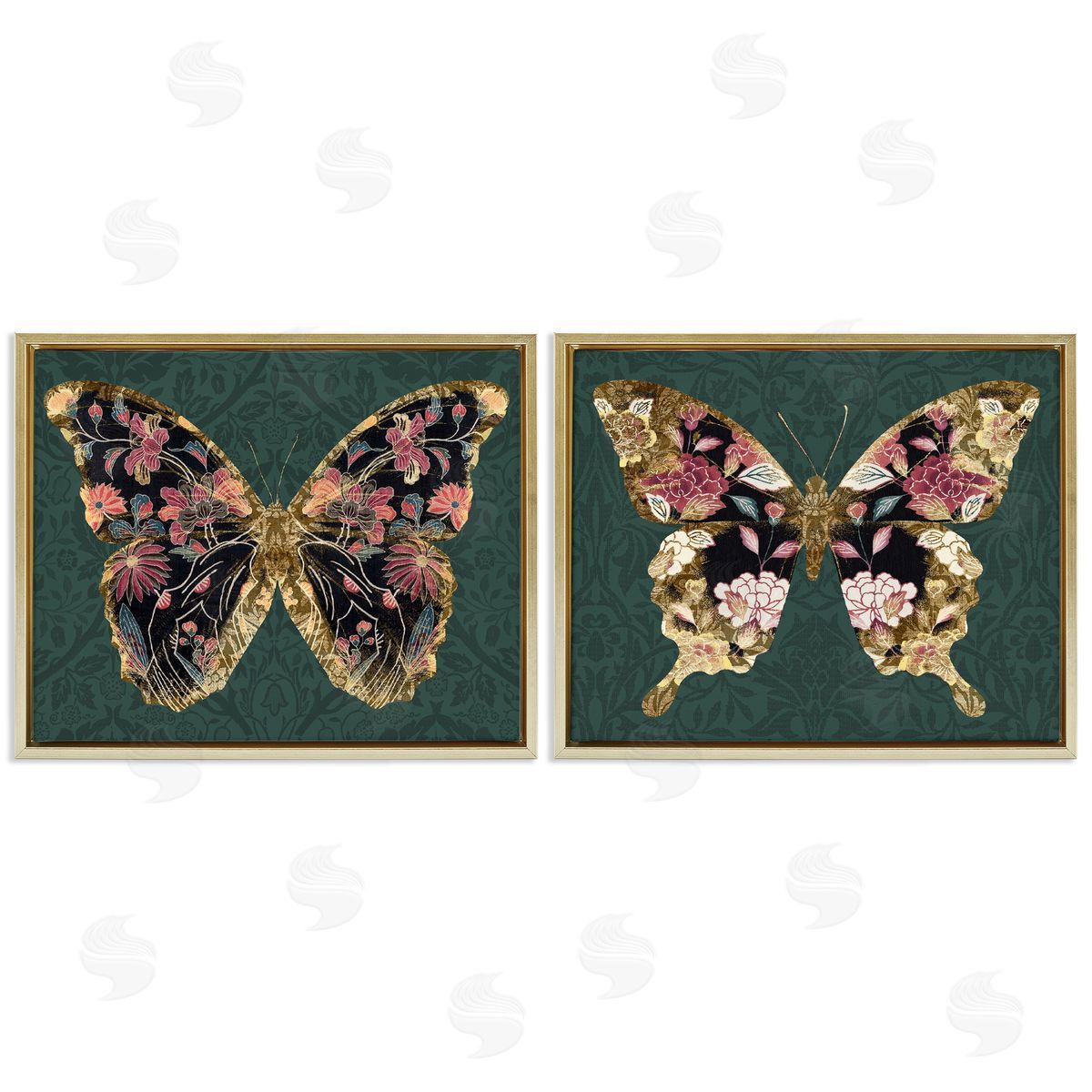 Victoria Barnes Gold Black Floral Butterfly Gold Floating Frame Canvas Wall Art Print