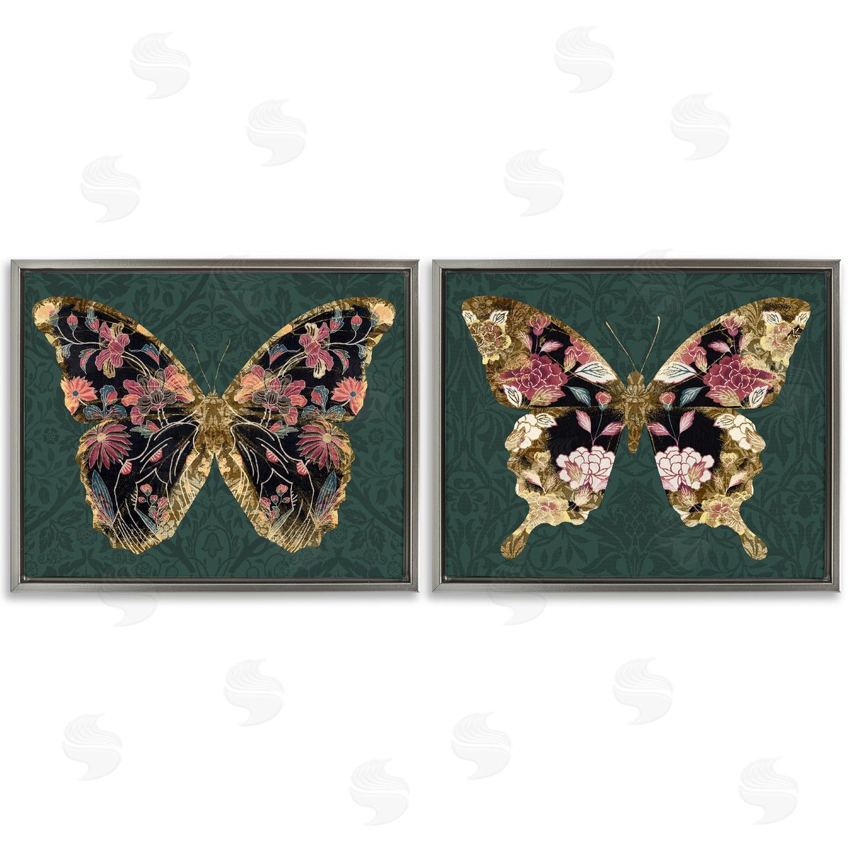 Victoria Barnes Gold Black Floral Butterfly Gray Floating Frame Canvas Wall Art Print