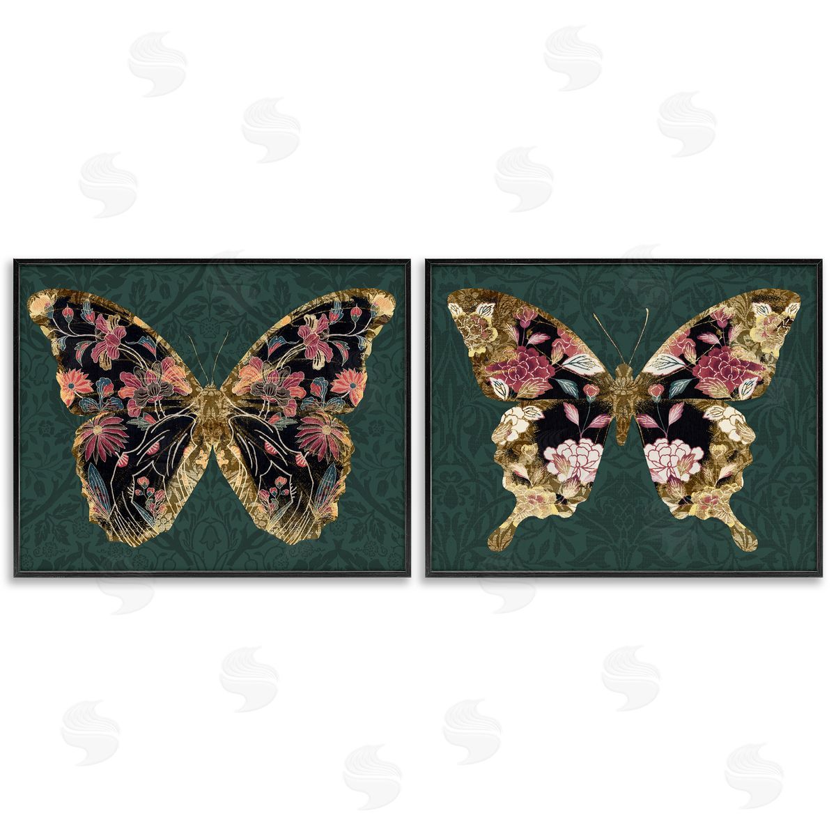Victoria Barnes Gold Black Floral Butterfly Black Framed Giclee Wall Art Print