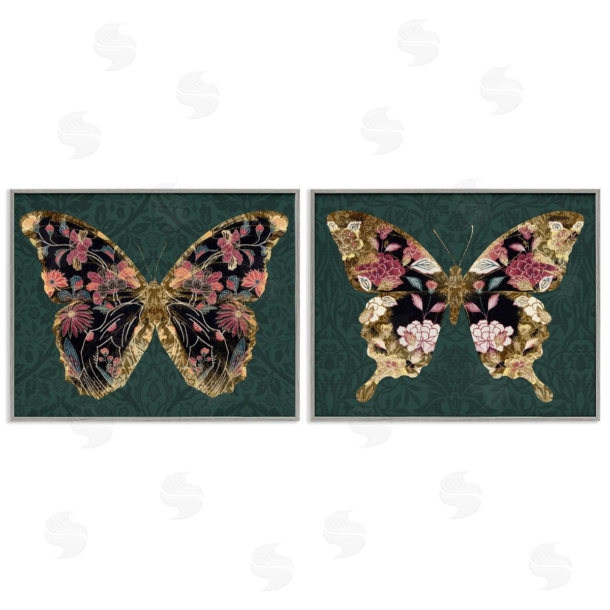 Victoria Barnes Gold Black Floral Butterfly Gray Framed Giclee Wall Art Print
