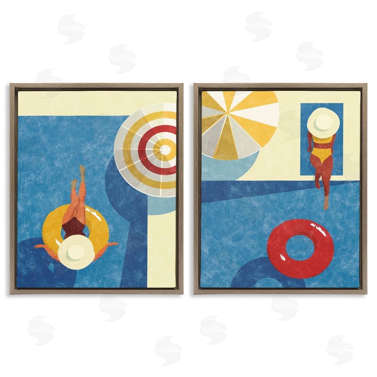 Victoria Barnes Relaxing Female Figure Poolside Brown Floating Frame Canvas Wall Art Print