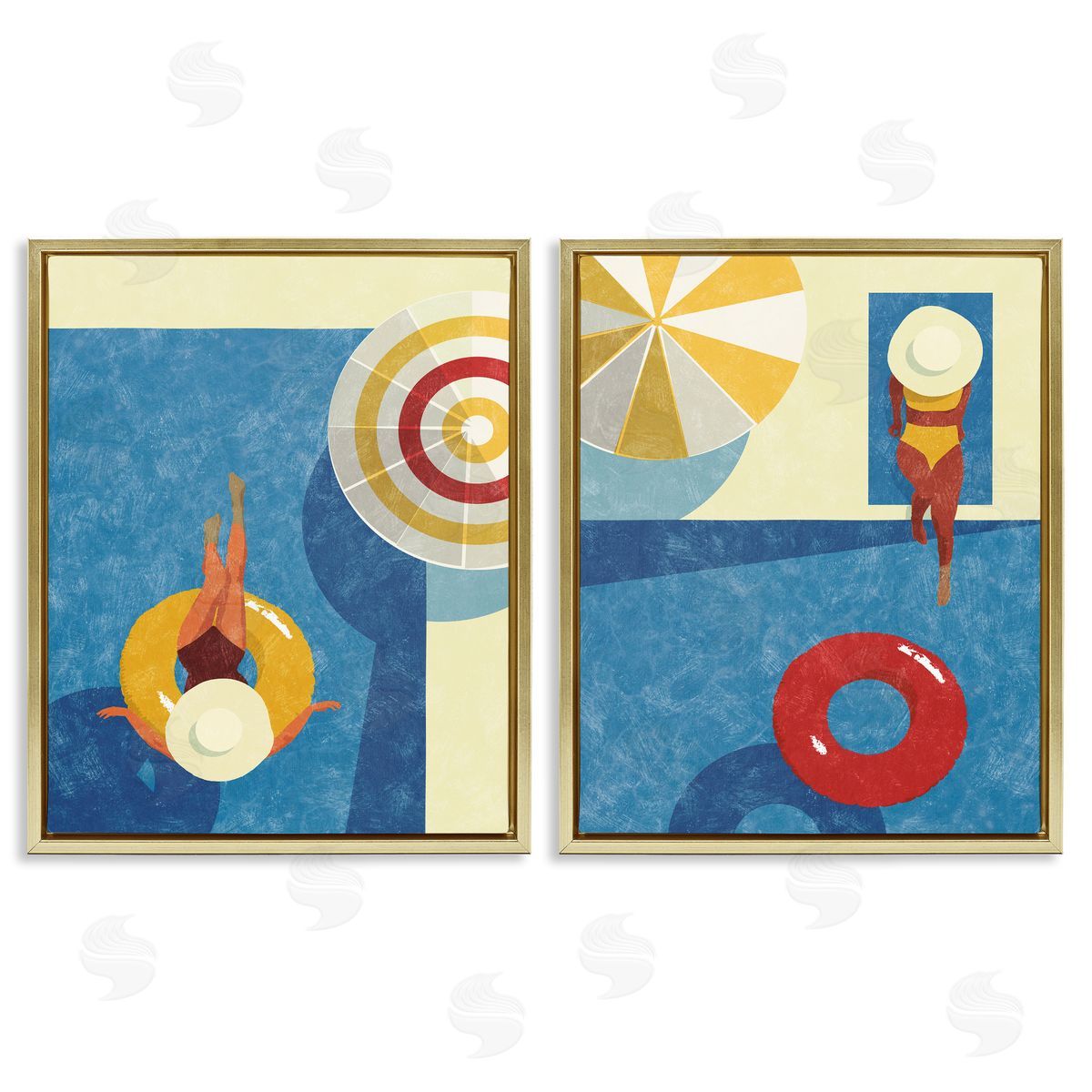 Victoria Barnes Relaxing Female Figure Poolside Gold Floating Frame Canvas Wall Art Print