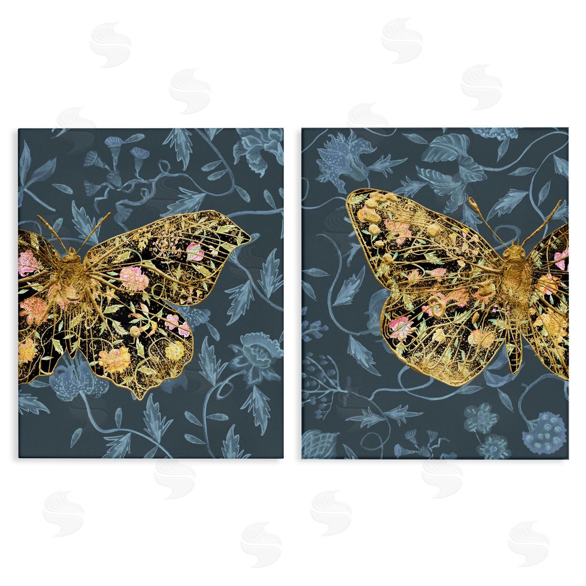 Melissa Wang Gold Winged Black Moth Floral  Canvas Wall Art Print