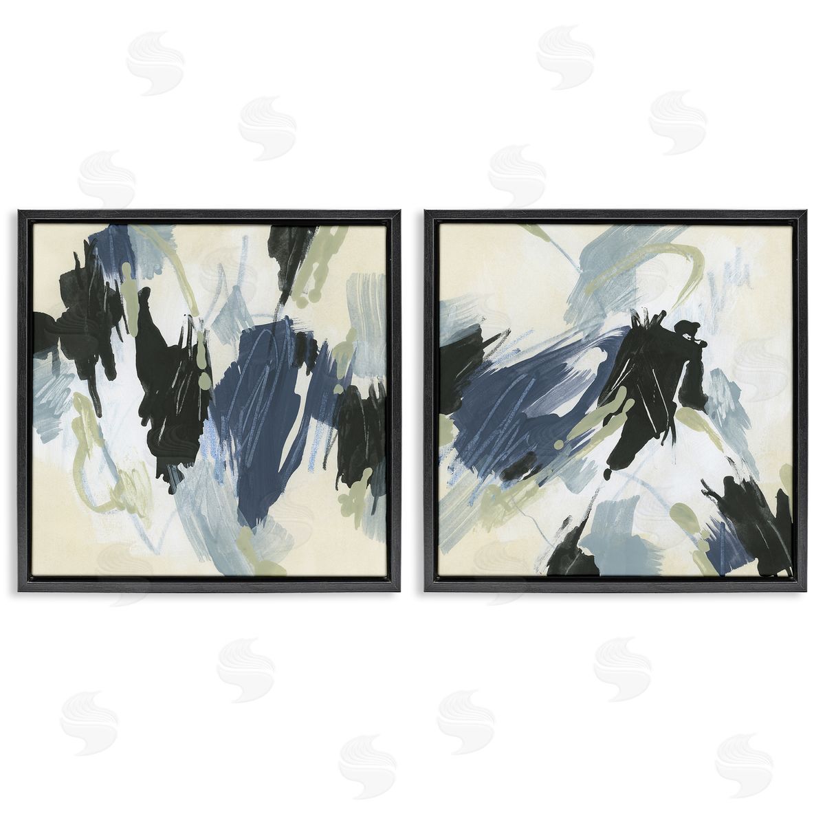 June Erica Vess Muted Blue Green Abstract Patches  Black Floating Frame Canvas Wall Art Print