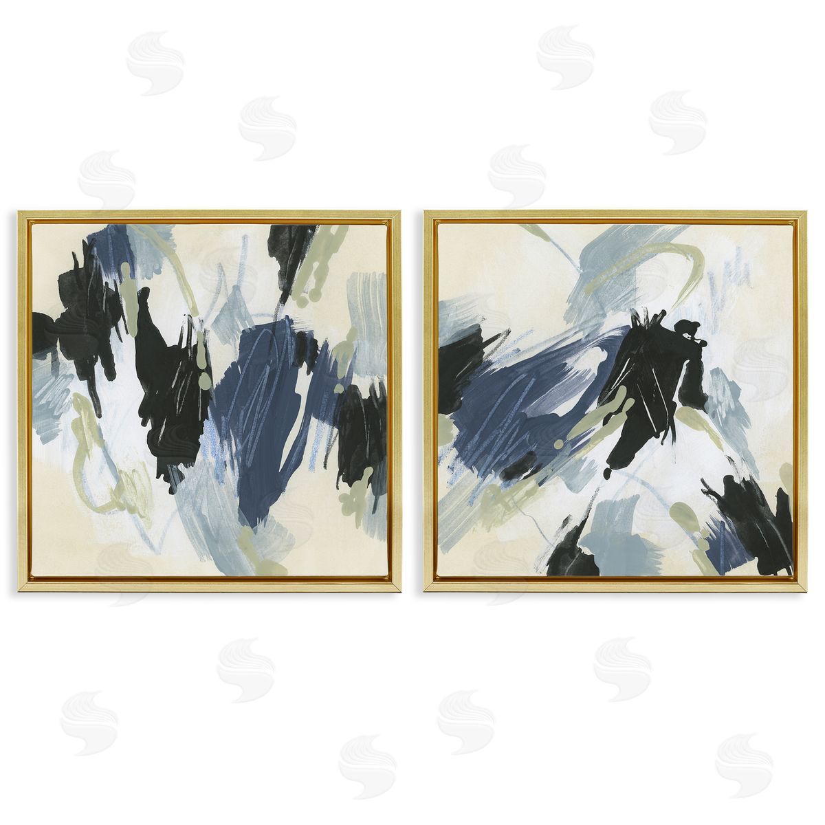 June Erica Vess Muted Blue Green Abstract Patches  Gold Floating Frame Canvas Wall Art Print