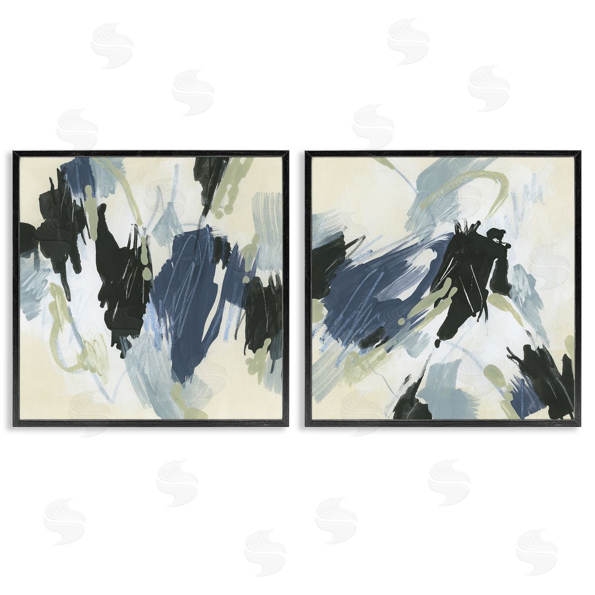 June Erica Vess Muted Blue Green Abstract Patches  Black Framed Giclee Wall Art Print
