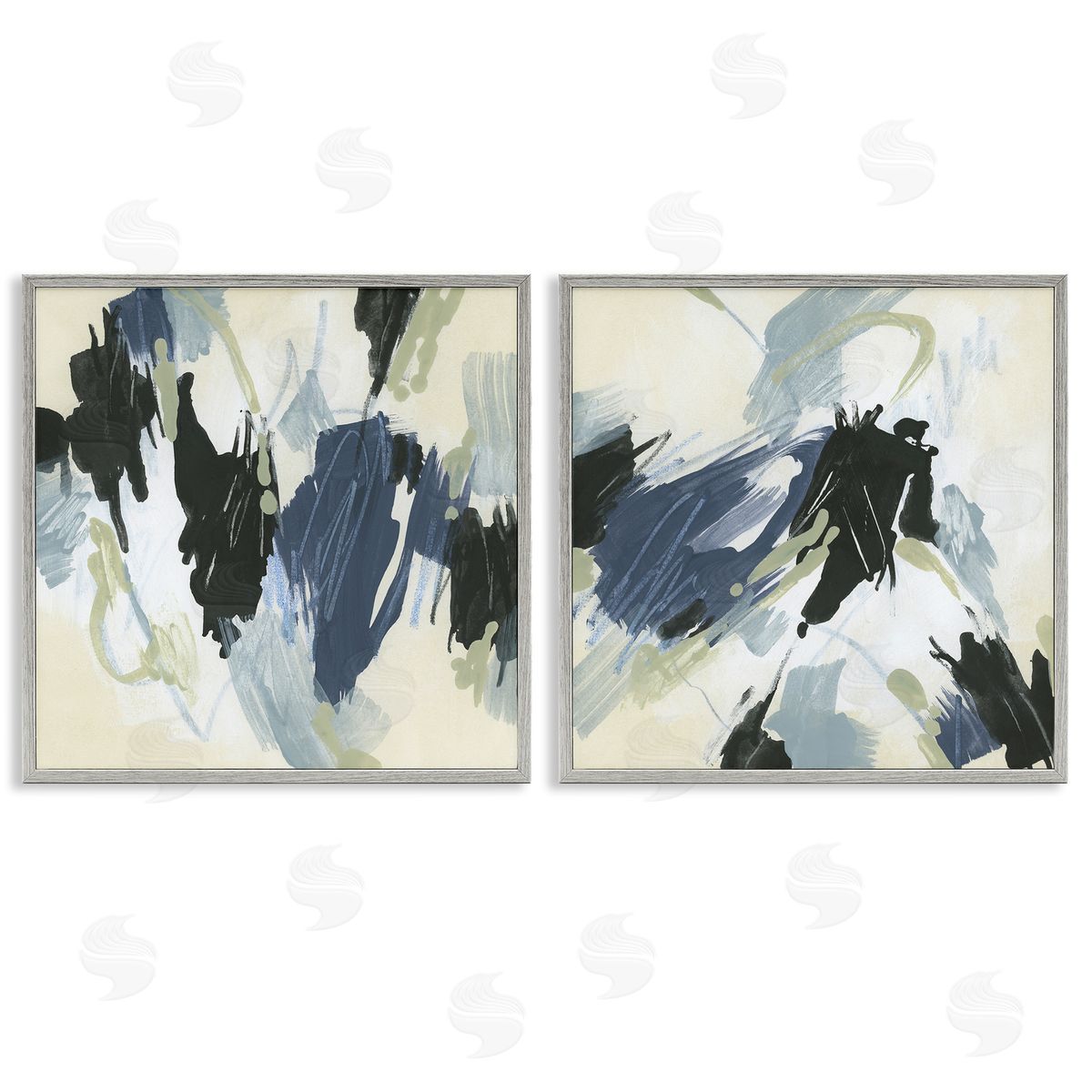 June Erica Vess Muted Blue Green Abstract Patches  Gray Framed Giclee Wall Art Print