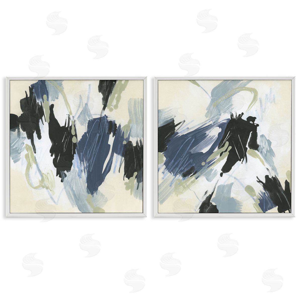 June Erica Vess Muted Blue Green Abstract Patches  White Framed Giclee Wall Art Print